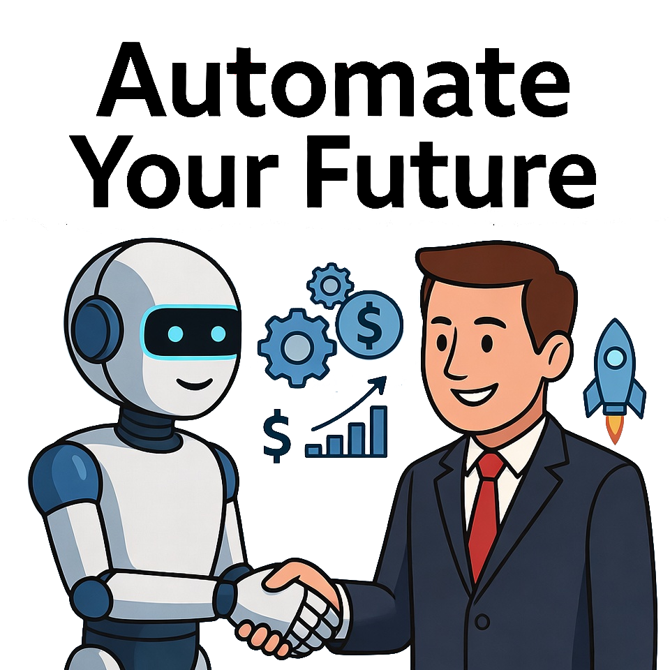 Energetic graphic of AI bot shaking hands with business owner, surrounded by success icons and 'Automate Your Future' tagline.